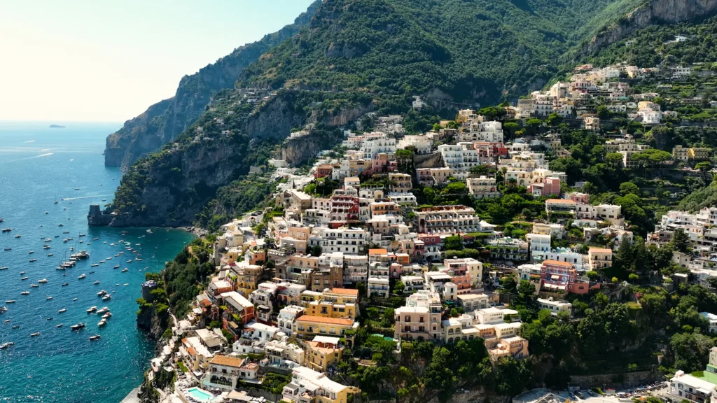 Buildings on the hillsides of the Amalfi Coast above the sea